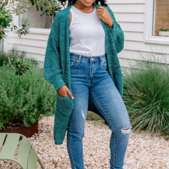 Cozy Dark Teal Duster Cardigan. NWT. Pockets!  Marled. - Picture 2 of 12